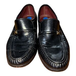 Black Leather Slip-On Loafers with Gold-Toned Bar